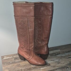 FOSSIL Felicia Chili Brown Tall Leather Cowboy/Riding Boots Sz 8